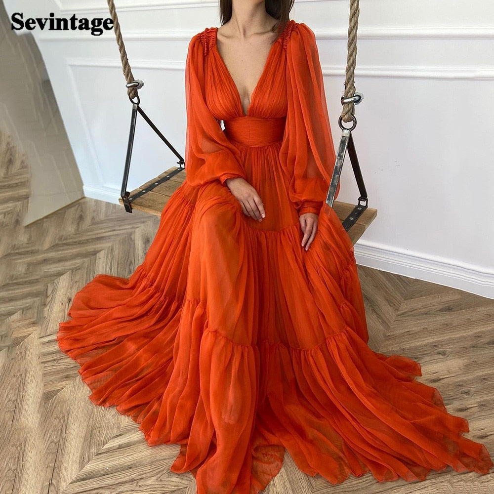 Sevintage Long Puff Sleeves V-Neck Pleats Chiffon Princess Evening Gowns Prom Party Dress Plus Size