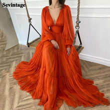 Load image into Gallery viewer, Sevintage Long Puff Sleeves V-Neck Pleats Chiffon Princess Evening Gowns Prom Party Dress Plus Size
