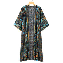 Carregar imagem no visualizador da galeria, Camisa estampada boêmia com flores Kimono Cardigan de praia de verão com mangas compridas e abertura frontal Blusa casual vintage de manga longa Top longo
