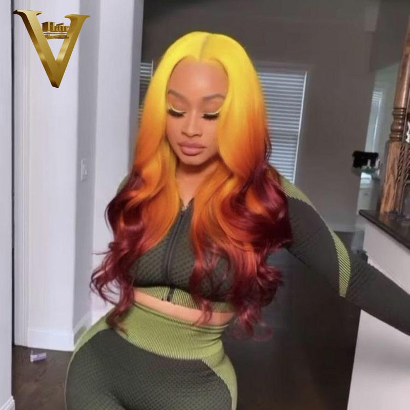 Brazilian Human Hair Wig Yellow Orange Colored Red Brown Body Wave Lace Front Pre Plucked Transparent Lace Frontal