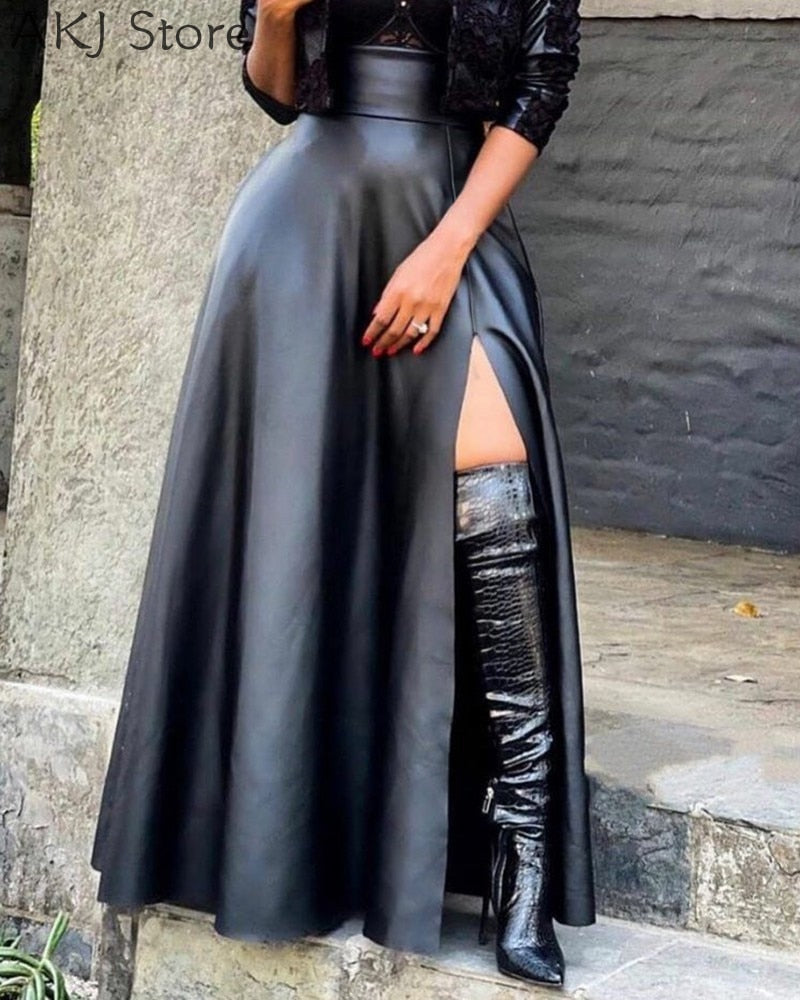 Plus Size PU Leather High Slit Pocket Design Skirt