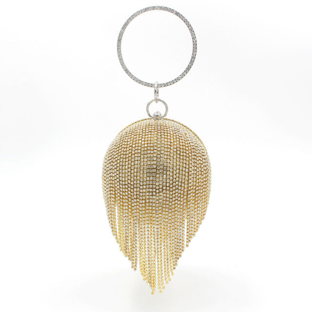 Bolsa de Mão Clutch Mini com Franjas em Diamantes de Rhinestone Prateados em Forma de Bola