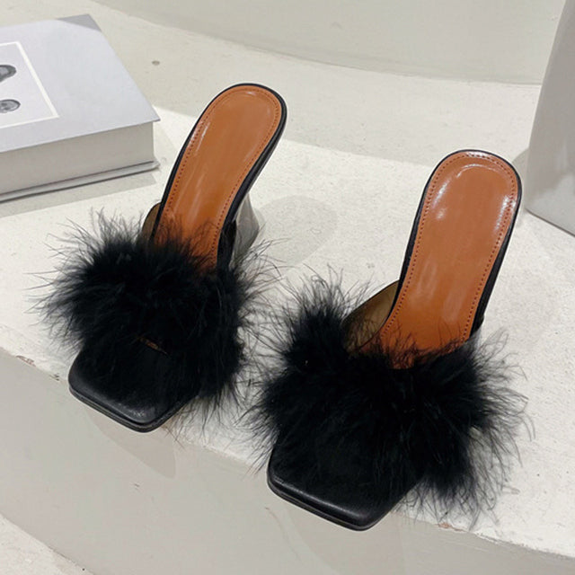 Sexy Transparent Heels Slippers Fur Feather Sandals Peep Toe Slip-On Clear Shoes Slides EUROPEAN Sizes Up To 41