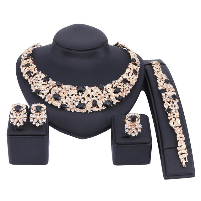 Bohemian Crystal Bridal Set Gold Silver Various Colors Rhinestone Diamante Necklace Wedding